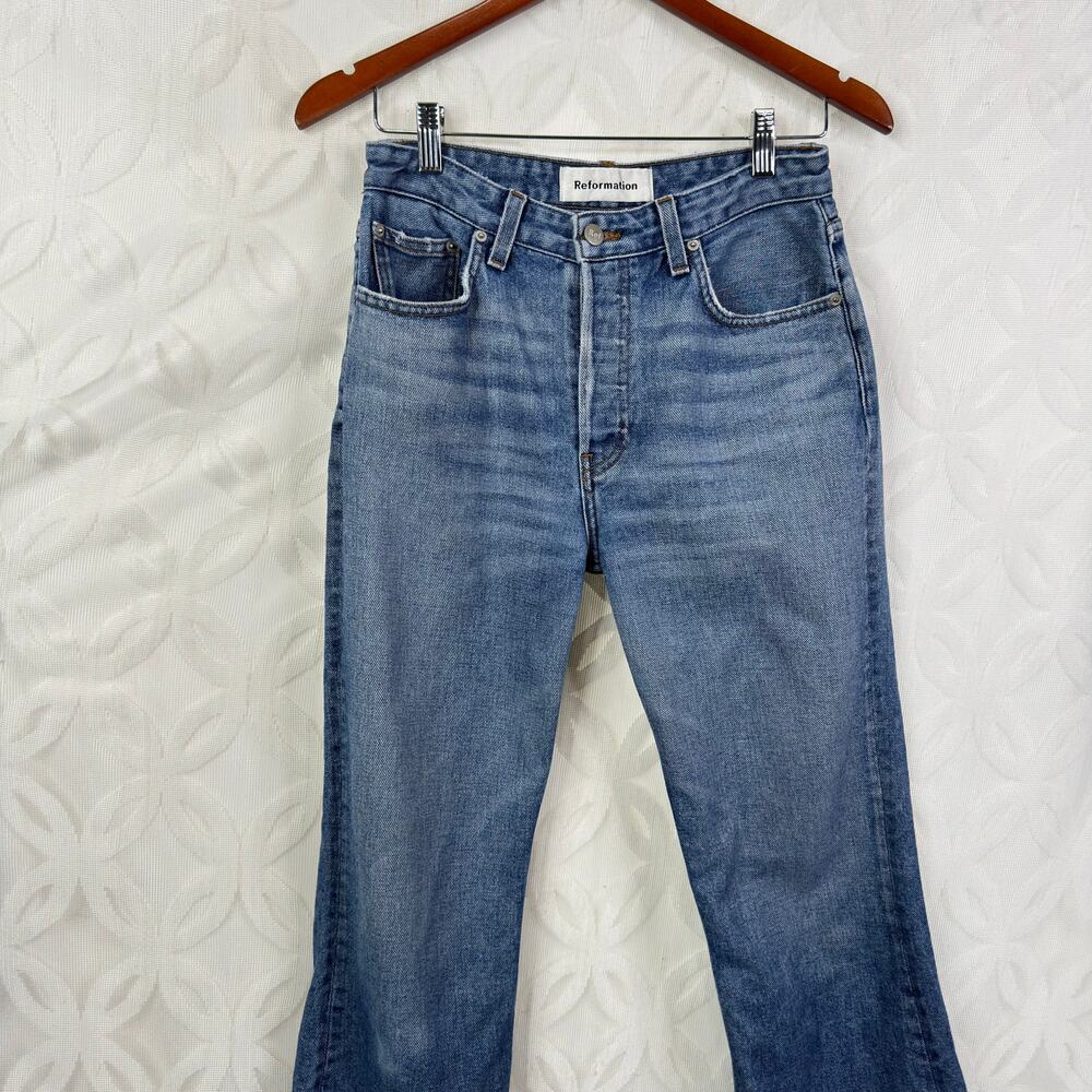 Reformation Mid Crop Flare Raw Hem Button Fly Jeans Baltic Size 28 - Picture 5 of 10